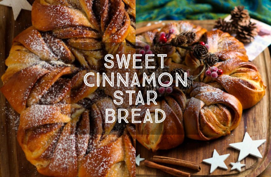Cinnamon Star Bread Title Card showing star bread from two angles. Text overly 'Sweet Cinnamon Star Bread'.