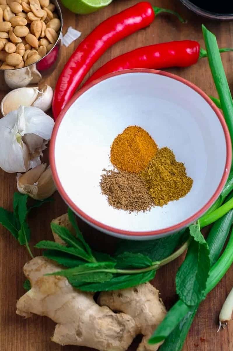 Satay spices and herbs for grilled chicken satay skewers