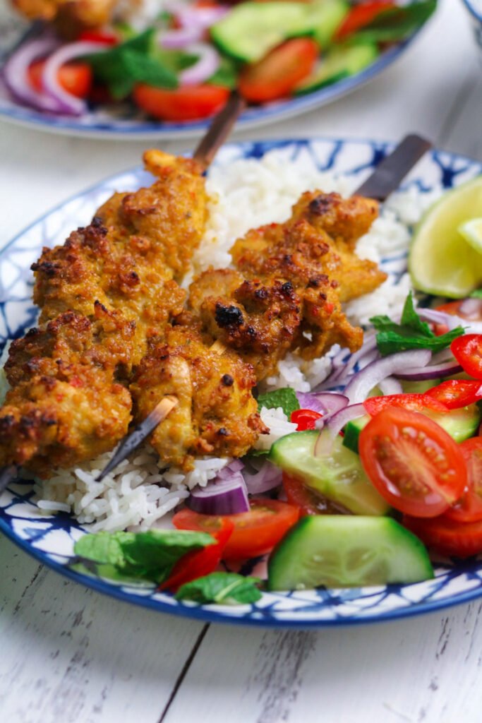 Juicy, tender Grilled Chicken Satay Skewers coated in a spicy peanut sauce are perfect for summer. Serve with a fresh, spicy salad and basmati rice.