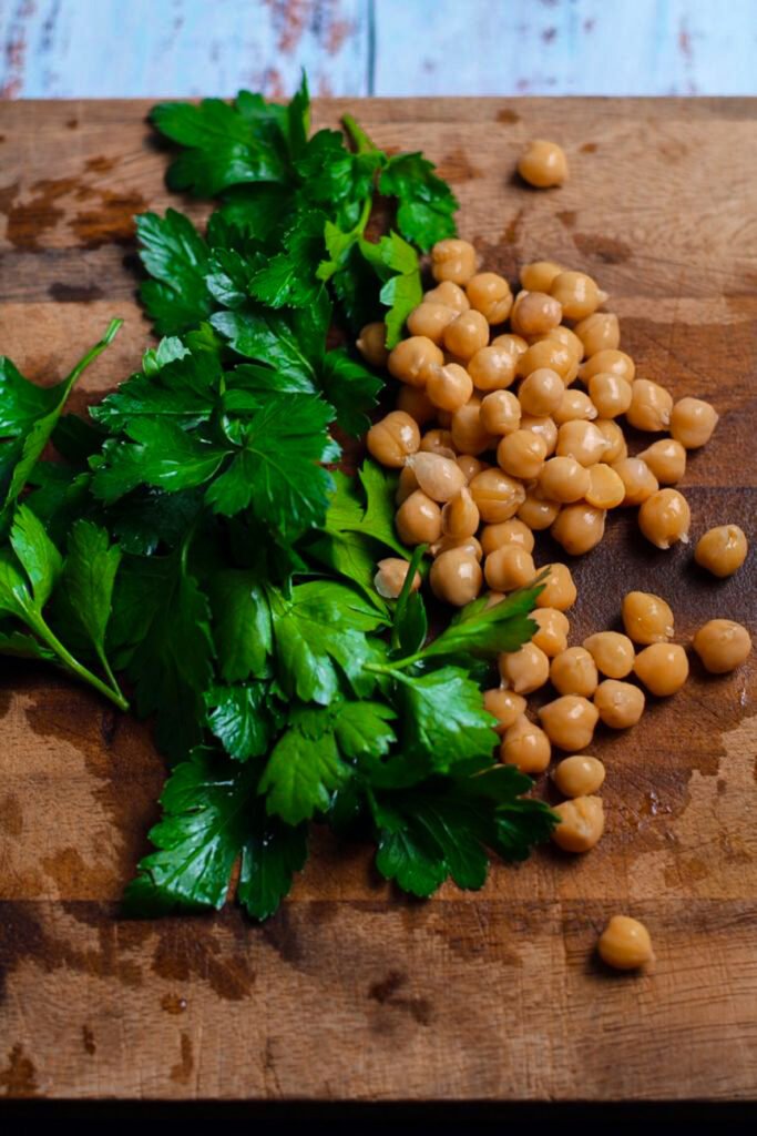 Chickpeas and parsley for chickpea burgers.