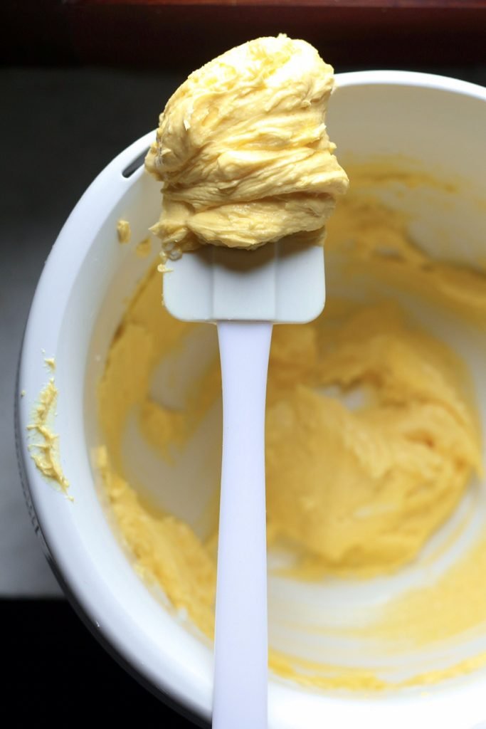 Creamed Butter, Eggs and Sugar on a spatula.