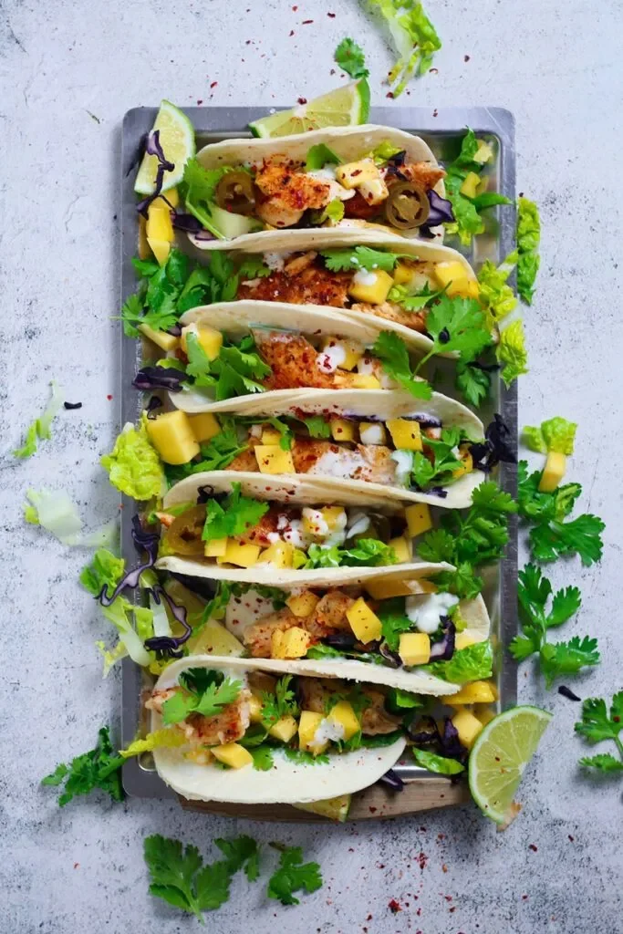 Chili Lime Fish Tacos on a tray