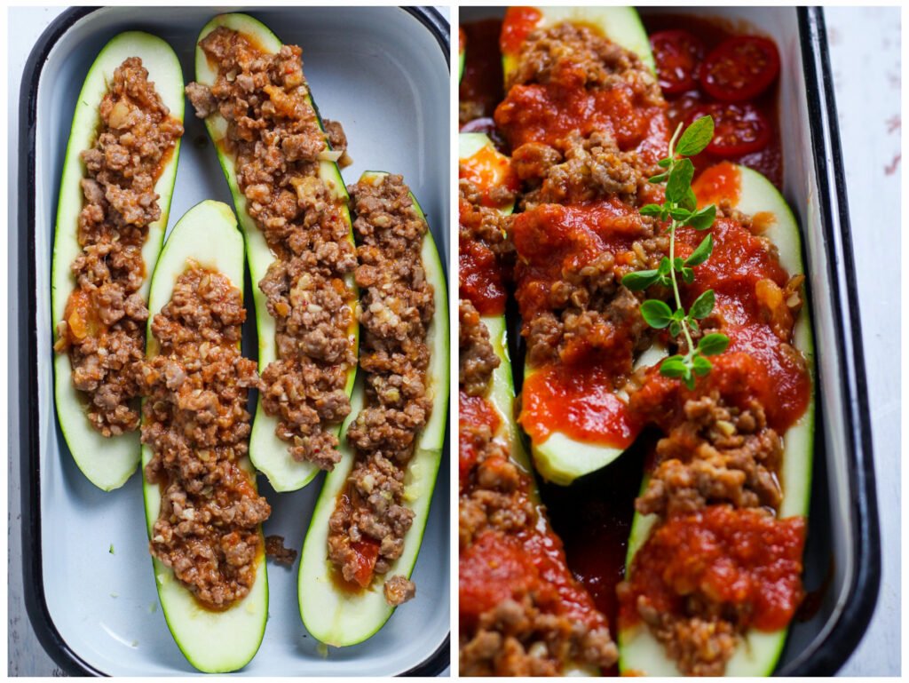 Filled unbaked zucchini boats.