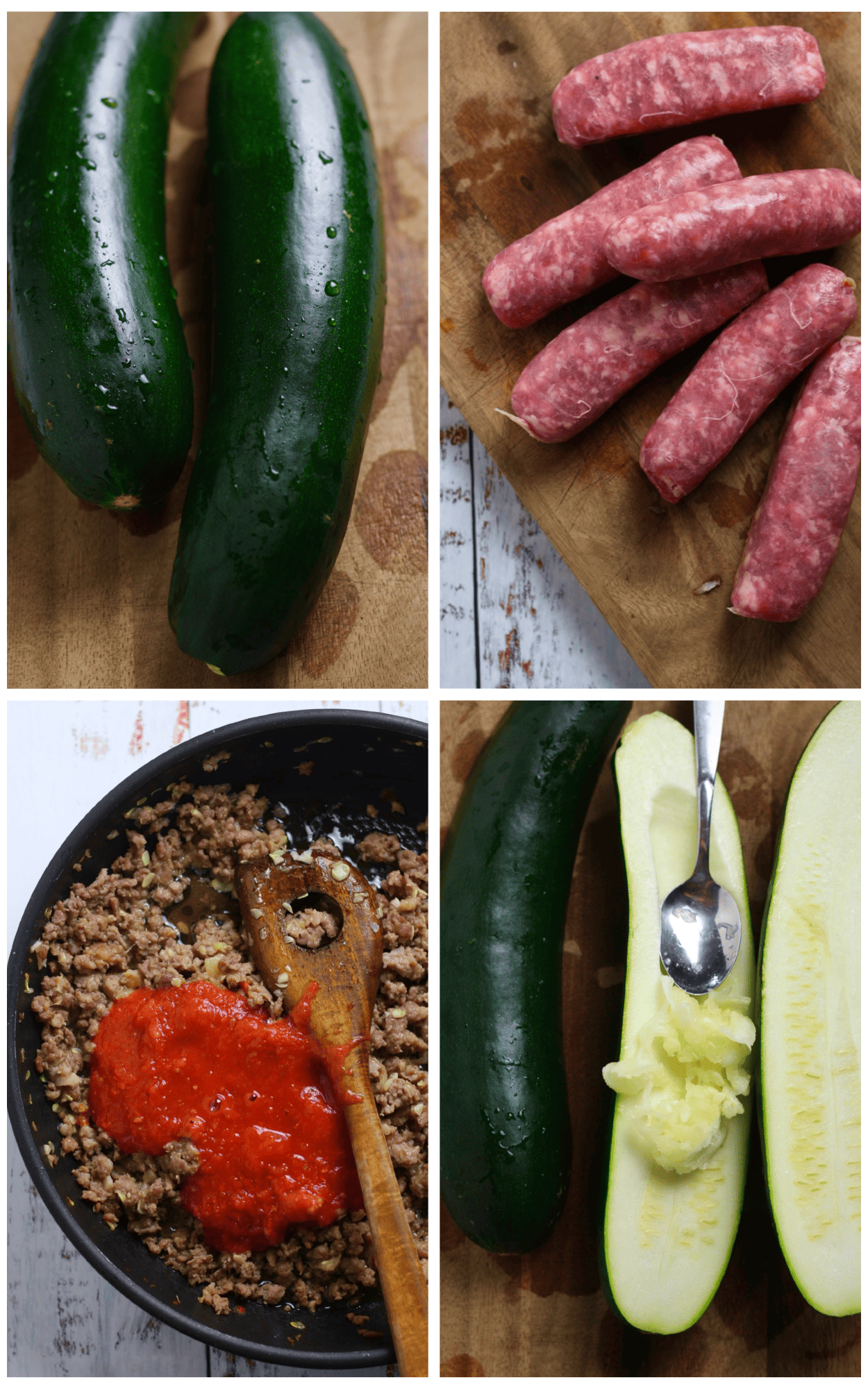 4 photos from top left, zucchini, Italian sausages, scooping flesh from zucchini and making the filling.