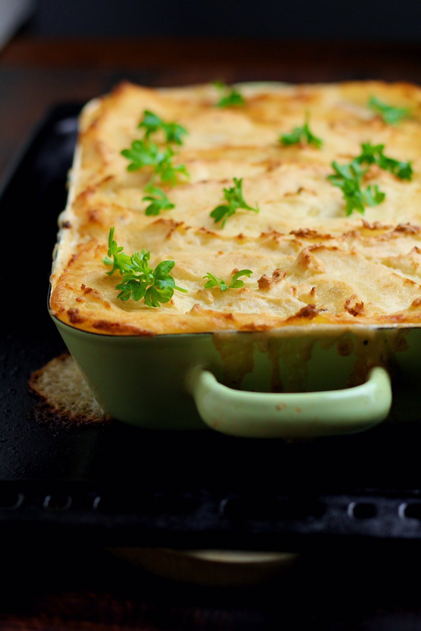 Creamy Smoked Fish Pie with golden mash and three types of seafood.