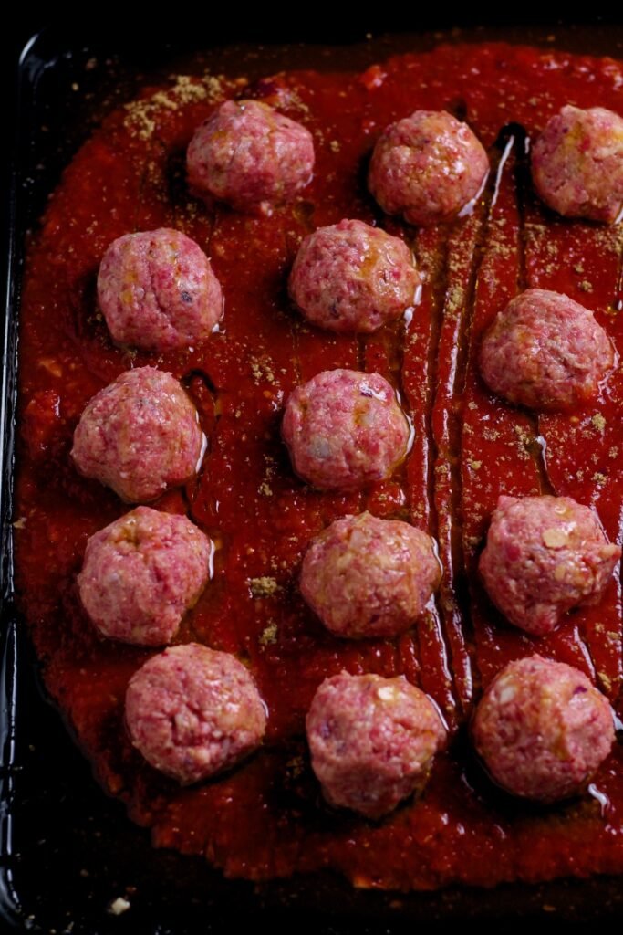 Meatballs rolled ready for the oven