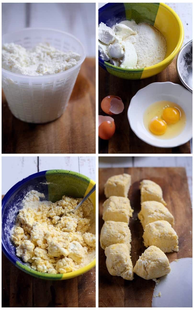 Ingredients and process steps for making ricotta gnocchi. From top left:  Ricotta in a strainer, flour and eggs, stirred dough, dough cut into pieces.
