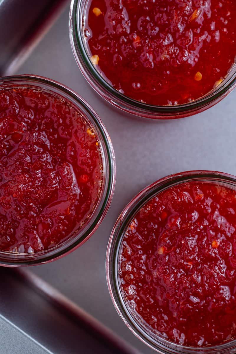 Red Pepper Jelly in jars.