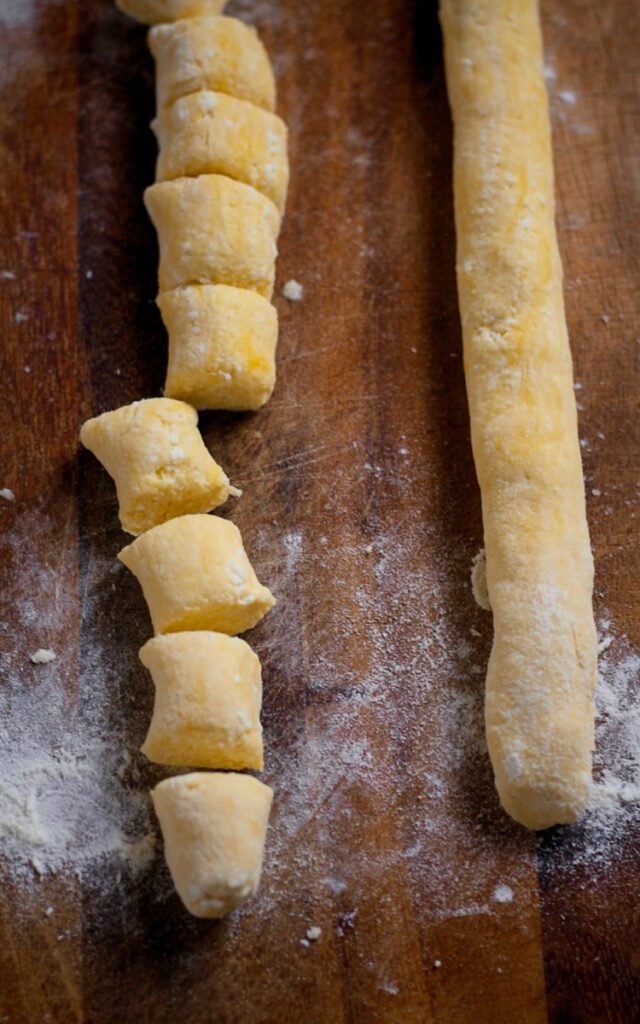 Rolled and sliced ricotta gnocchi dough.