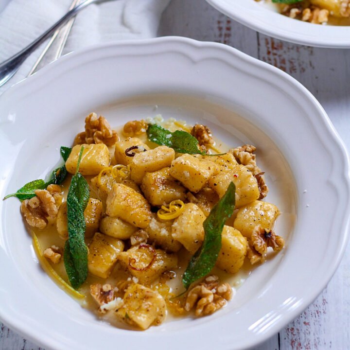 Ricotta Gnocchi in a lemn, sage and walnut butter sauce.