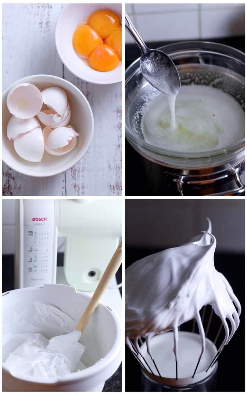 Preparing Pavlova collage. Separated eggs, beaten egg whites.