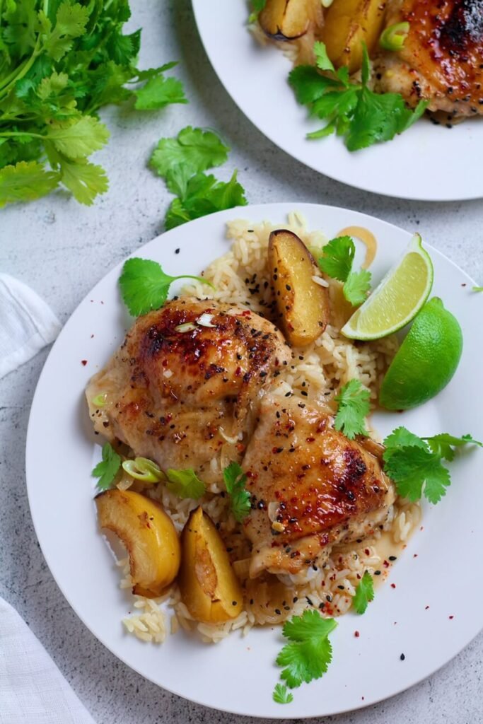 Honey Lime Chicken with peaches and rice