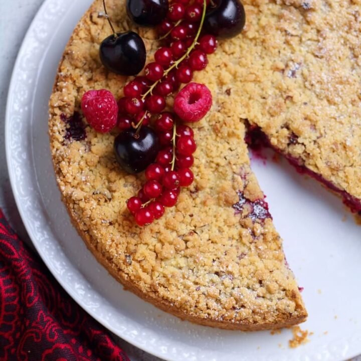 Red Currant Crumble Cake with fresh berries and streusel topping