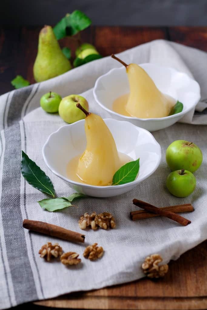 White Wine Poached Pears filled with creamy mascarpone.