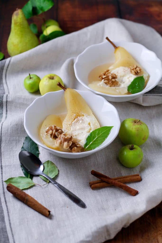 White Wine Poached Pears filled with creamy mascarpone.