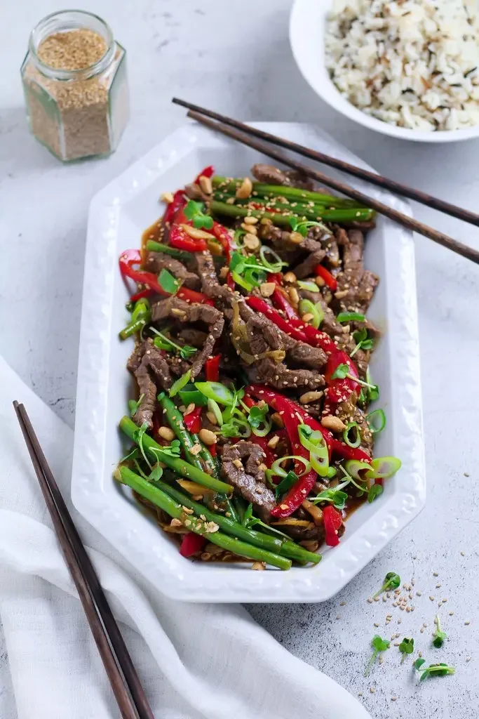 Ginger Beef Stir Fry with plenty of fresh vegetables and wild rice.
