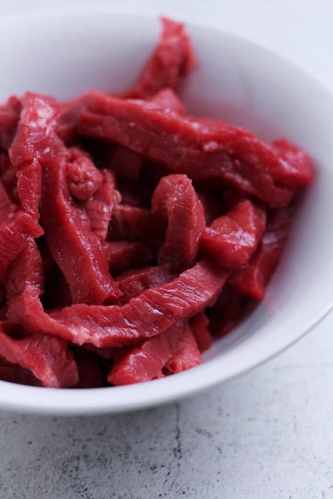 Strips of sliced beef.