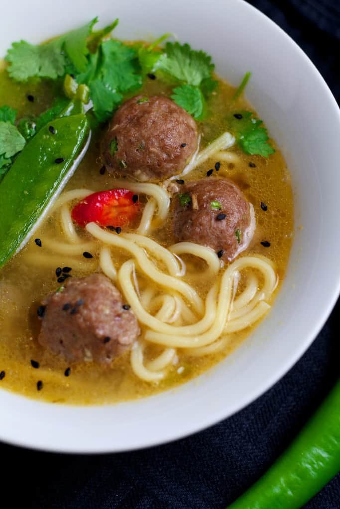 Spicy, fragrant and bursting with flavour, Asian inspired Pork Meatball  Soup with noodles will chase away the winter blues. Ready in under 30 minutes, it is ideal for a weeknight dinner.