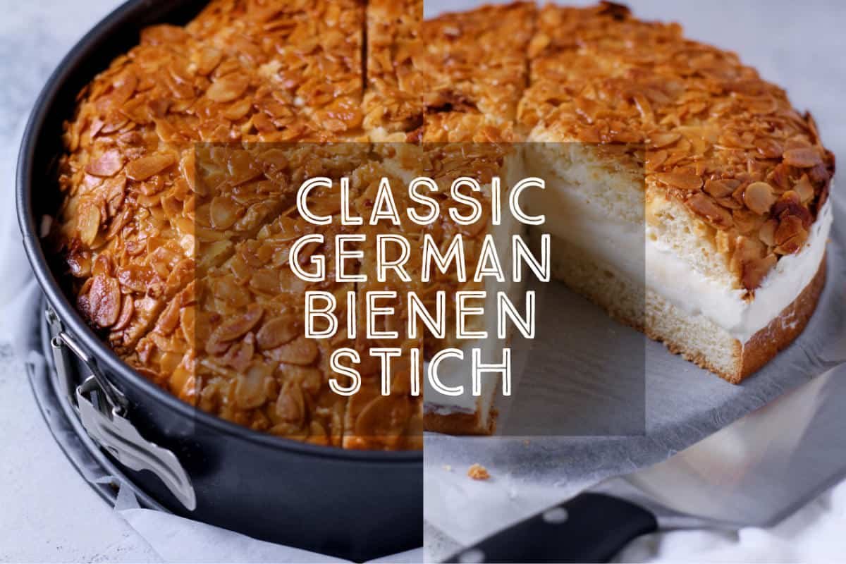 Sweet yeast dough, vanilla custard cream and a crunchy honey almond topping - it can only be a Classic German Bienenstich or Bee Sting Cake. This most beloved of German cakes is perfect for afternoon tea.