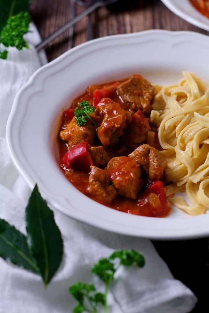 Hungarian Pork Stew with noodles.