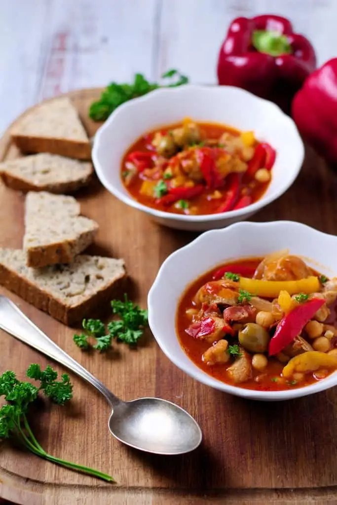 Spanish Chicken Soup is a wonderfully warming Spanish or North African inspired stew, loaded with chicken, spicy chorizo sausage, nutty chickpeas and sweet peppers. This delicious recipe for homemade soup is perfect for those chilly winter evenings.