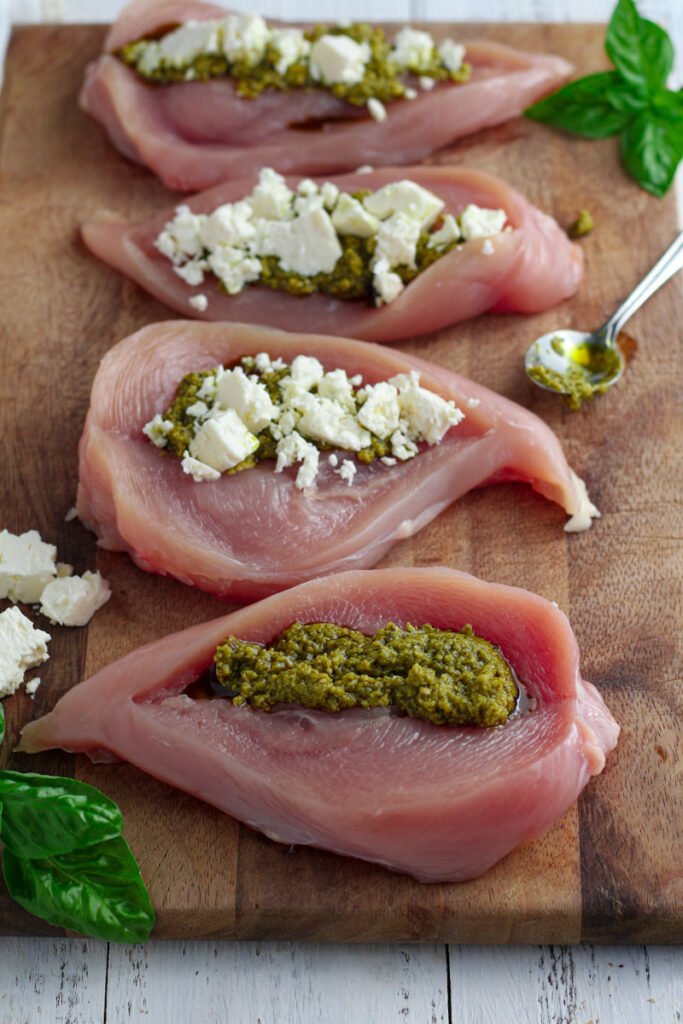 Chicken breasts stuffed with feta and pesto.