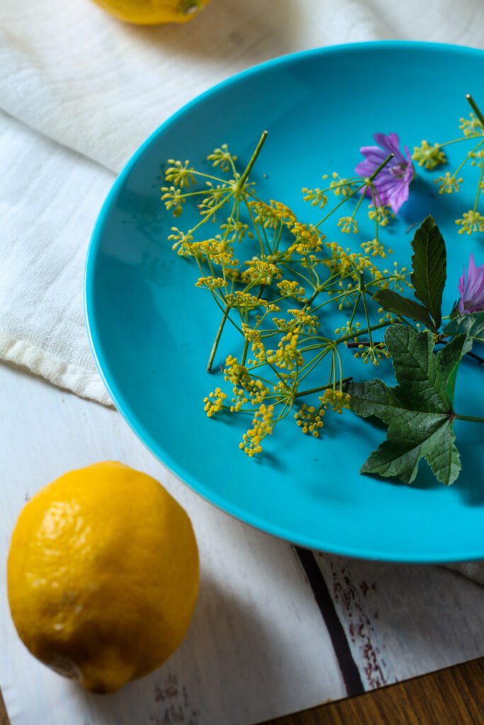 Fennel and mallow flowers on a blue plate.