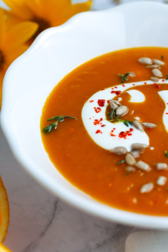 Pumpkin Orange and Ginger Soup in a bowl.