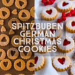 Title card for Spitzbuben, showing cut out unbaked spitzbuben cookies on a tray and completed spitzbuben.