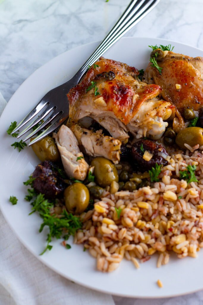 Oven Roasted Chicken Marbella with prunes, capers, olives in a rich and flavoursome sauce