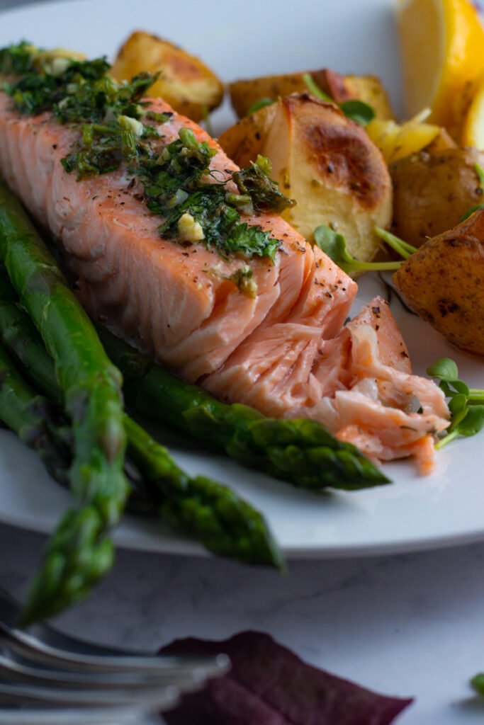 Garlic and Herb Roast Salmon with asparagus and potatoes