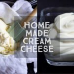 Homemade Cream Cheese Recipe cover, bowl of cream cheese and cream cheese draining with silicone spatula