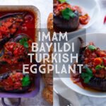 A picture of Imam Bayildi, roast Turkish eggplants stuffed with tomatoes and onions in a white bowl