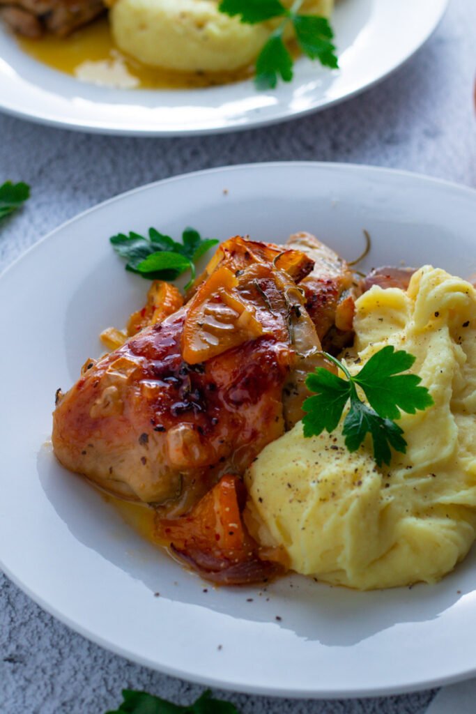 Maple Glazed Chicken Thighs with mashed potato.