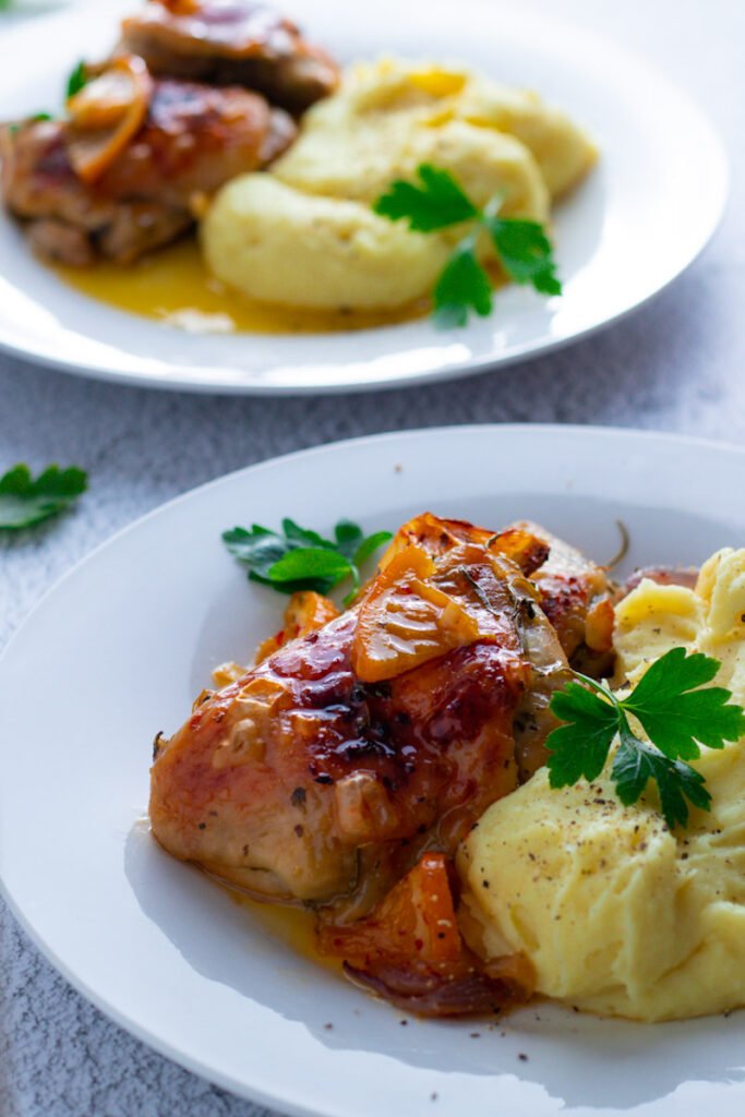 Sticky Maple Chicken Thighs with mashed potato