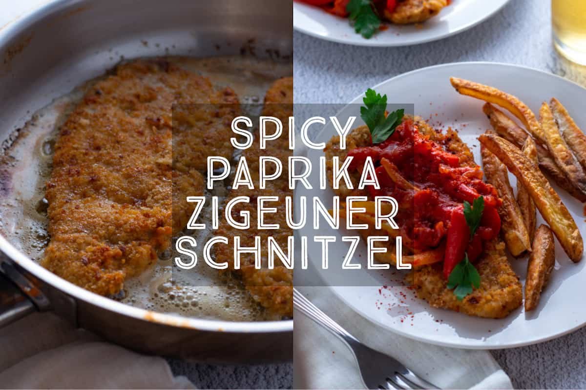 Zigeuner Schnitzel or Gypsy Schnitzel on a plate served with french fries and a glass of beer