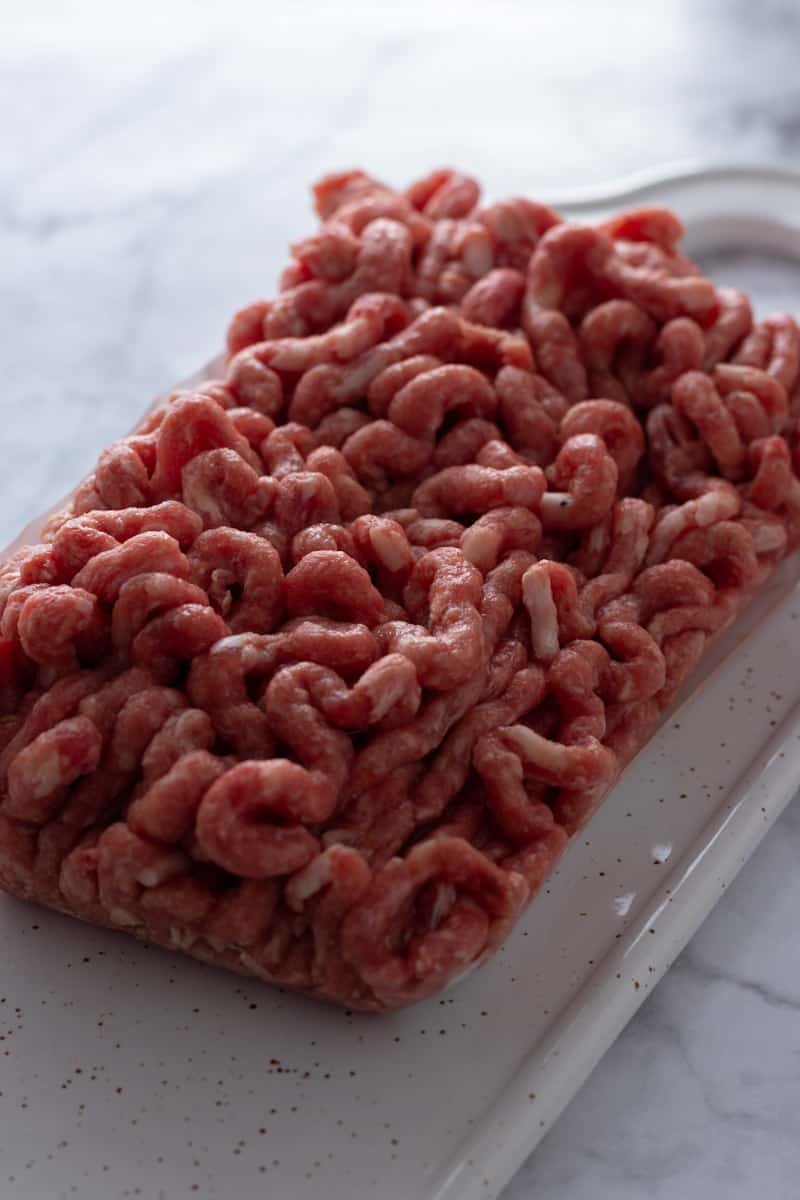 Beef and pork mince on a tray