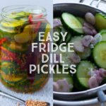 No cook refrigerator pickles Made with a simple brine, and a combination of cucumber, shallots and red pepper