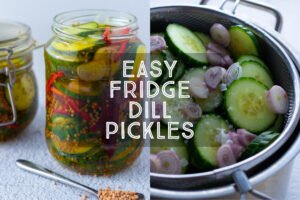No cook refrigerator pickles Made with a simple brine, and a combination of cucumber, shallots and red pepper