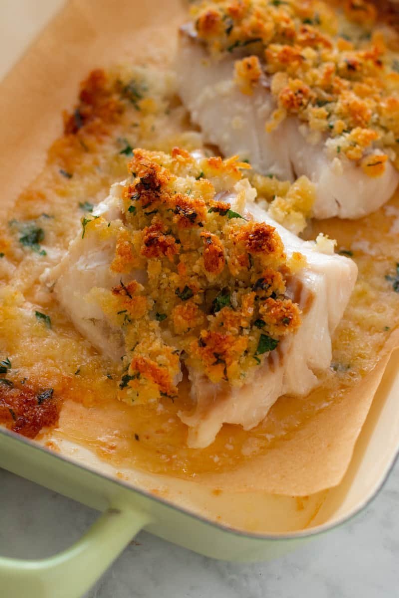 Baked Breaded Cod in a baking dish.