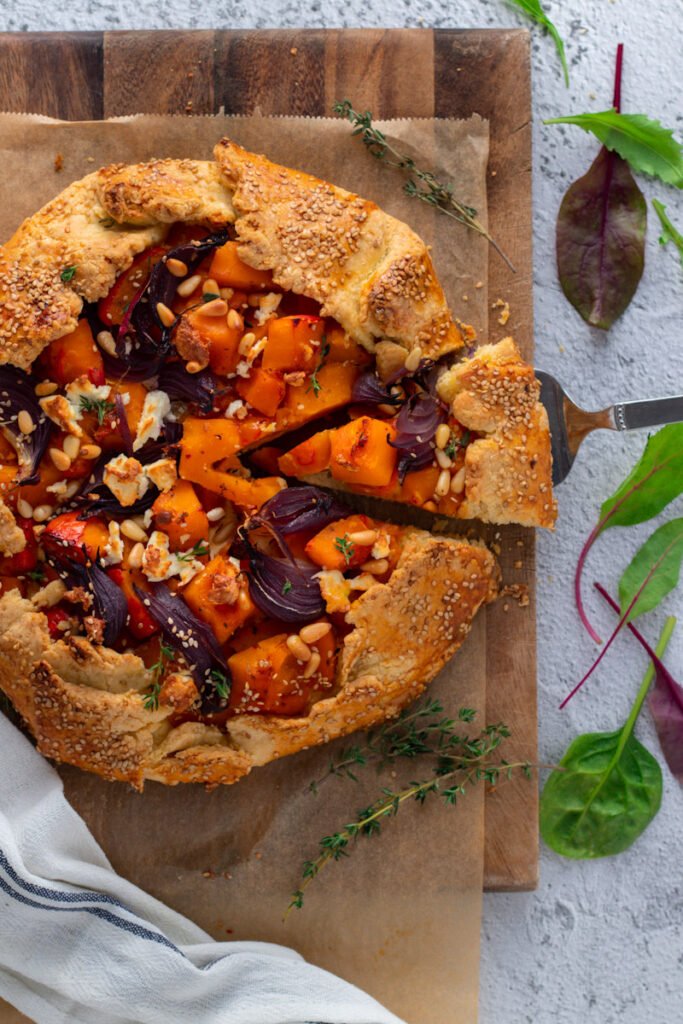Pumpkin and Feta galette from above with a slice removed.