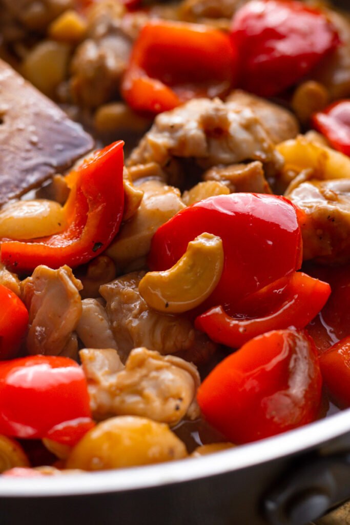 Close up of Cashew Chicken Stir Fry in a pan.
