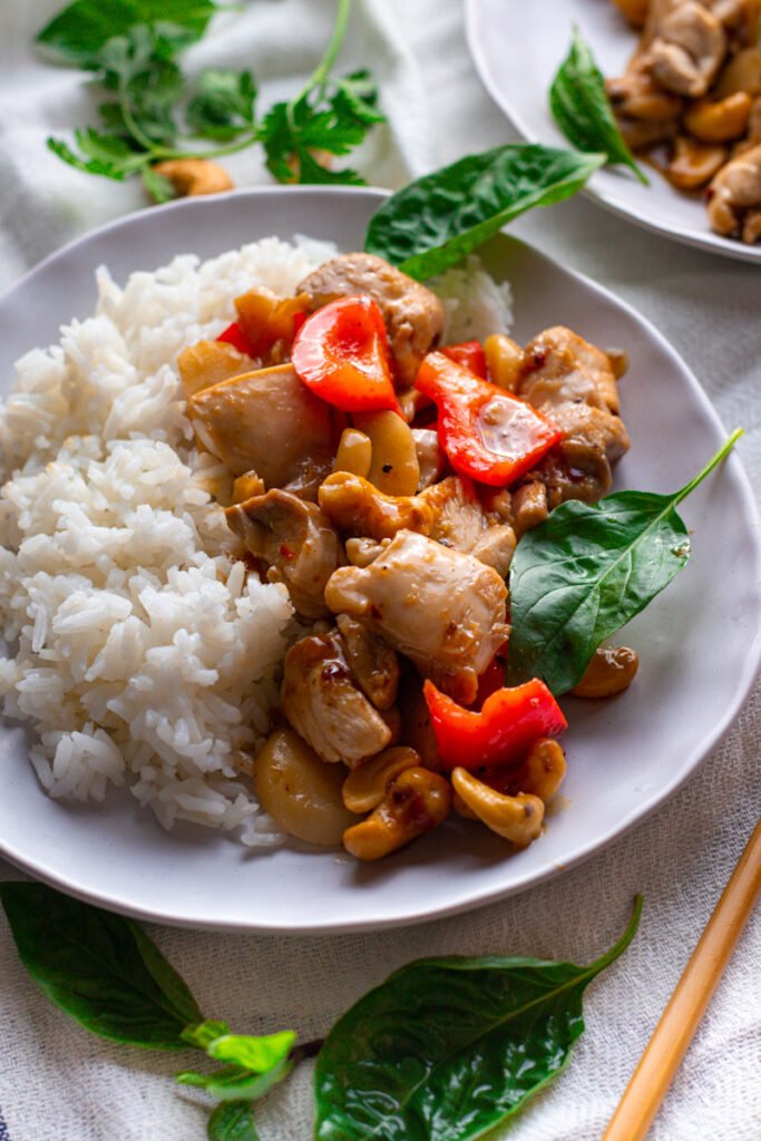 Cashew Chicken Stir fry with bell peppers and basil.