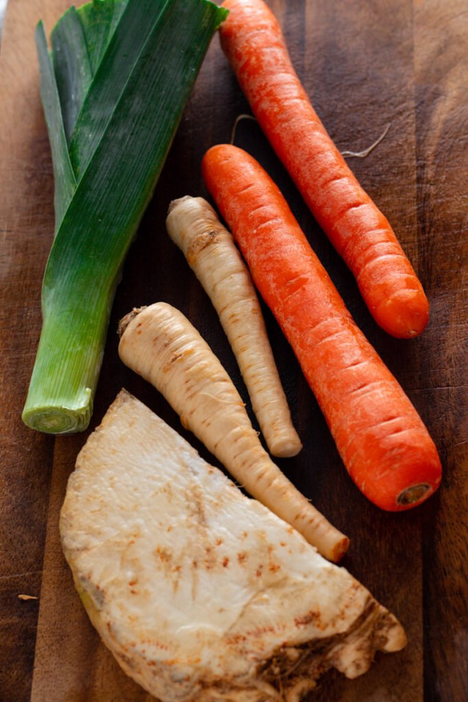 Vegetables for rouladen. Celeriac, parsnip, carrot, leek.