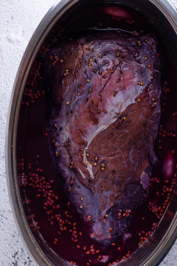 Sauerbraten after marinating in red wine 