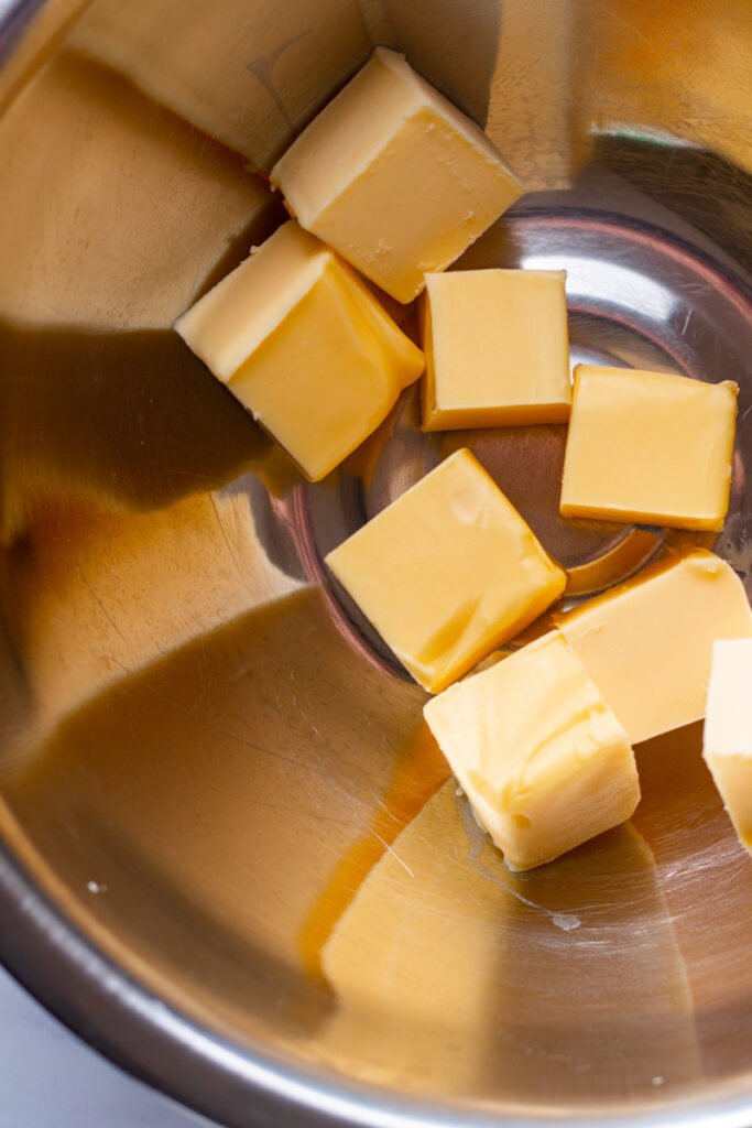 Cubed butter in a bowl.