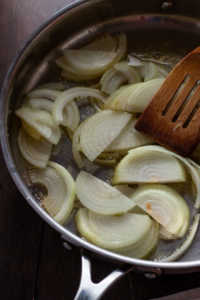 Onions in a skillet.