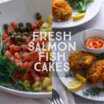 Fresh salmon fish cakes recipe title card.