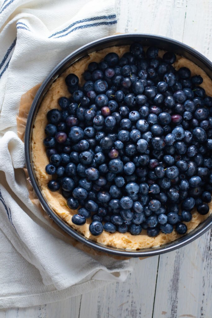 Streusel cake batter and blueberries in a cake pan.