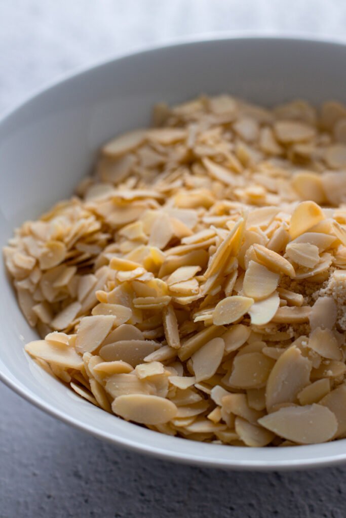 Sliced almonds in a bowl.